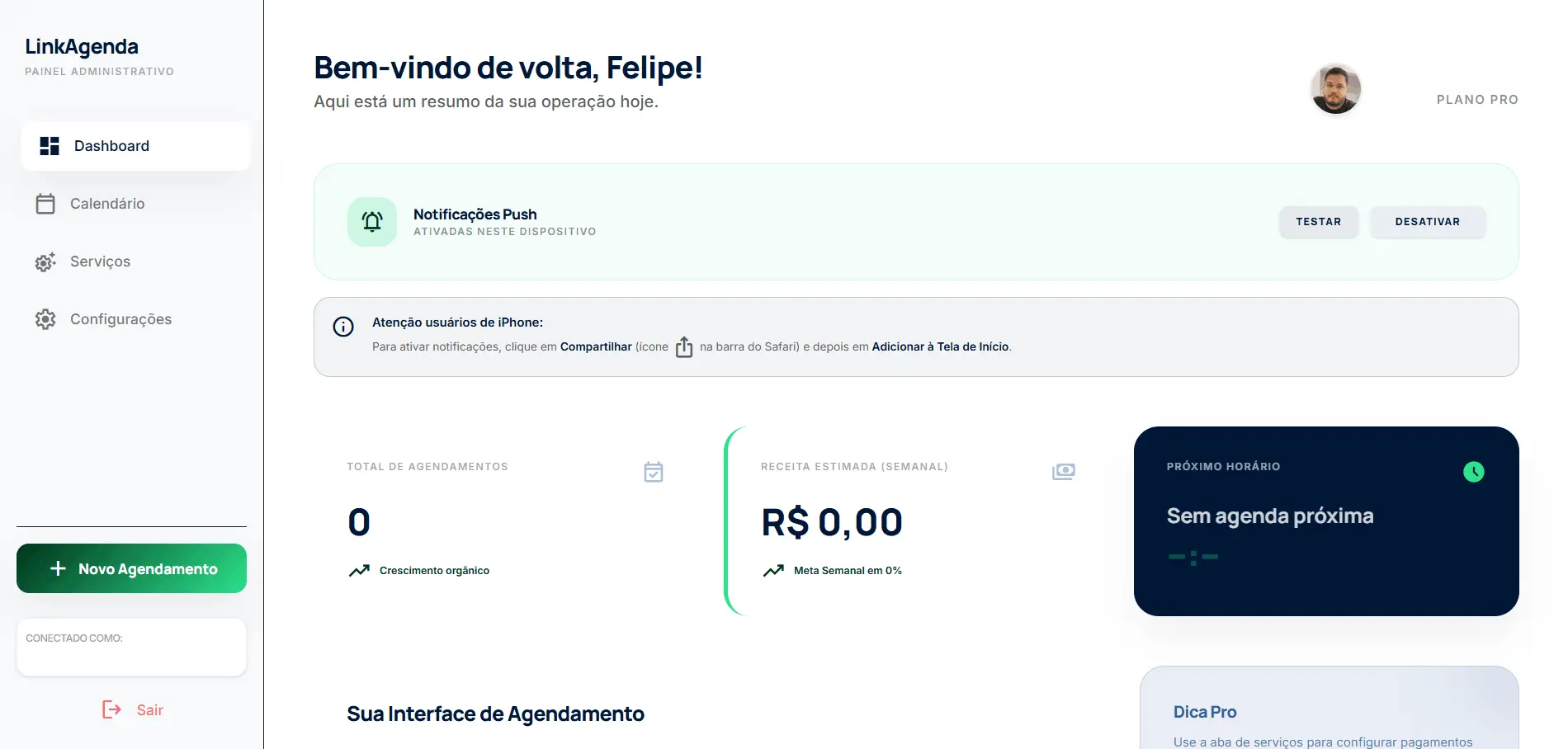 Interface do Sistema de Agendamento LinkAgenda no Desktop